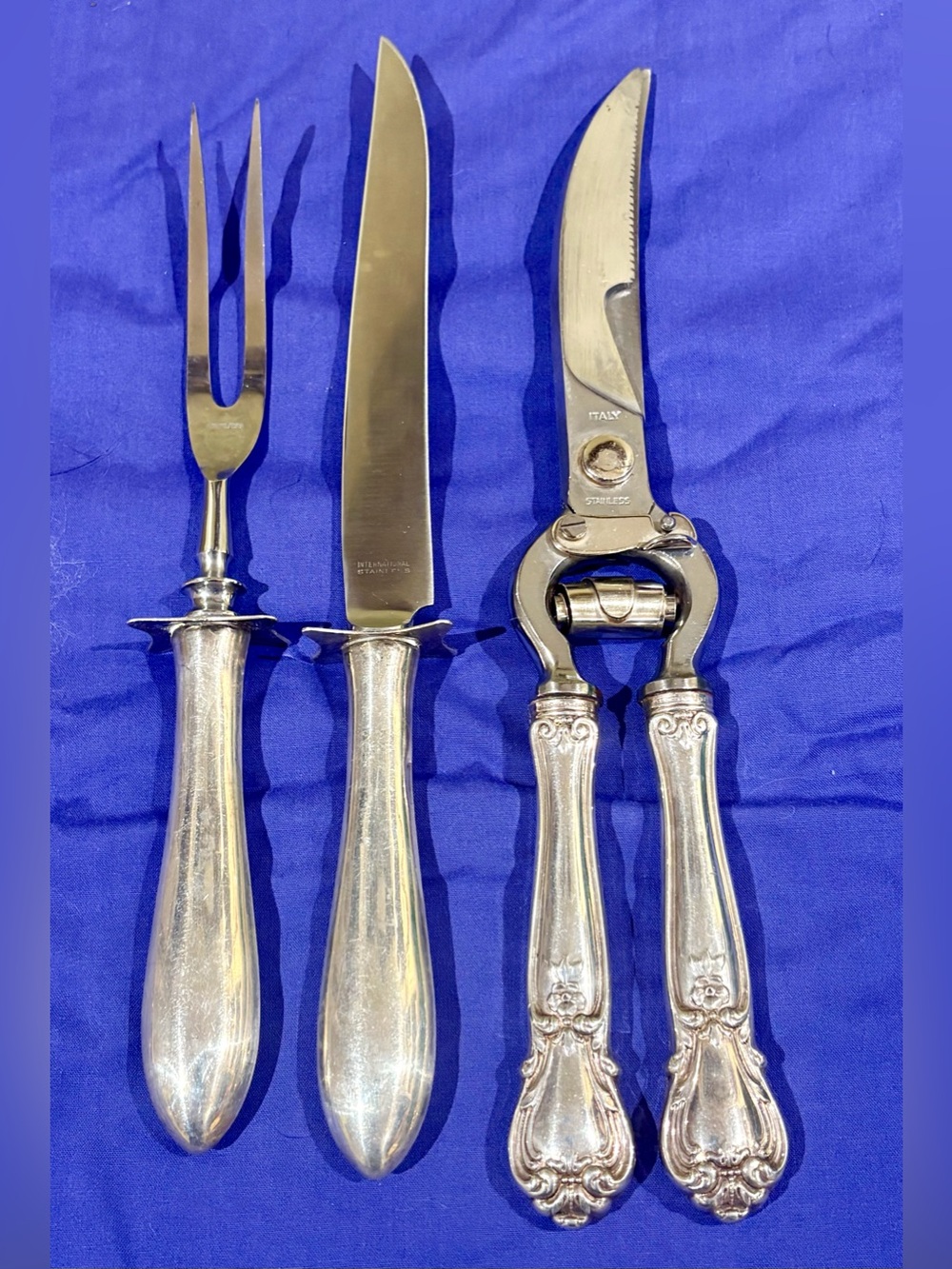 3 Sterling Silver Handled Vintage pieces: Serving Fork & Knife & shears set.